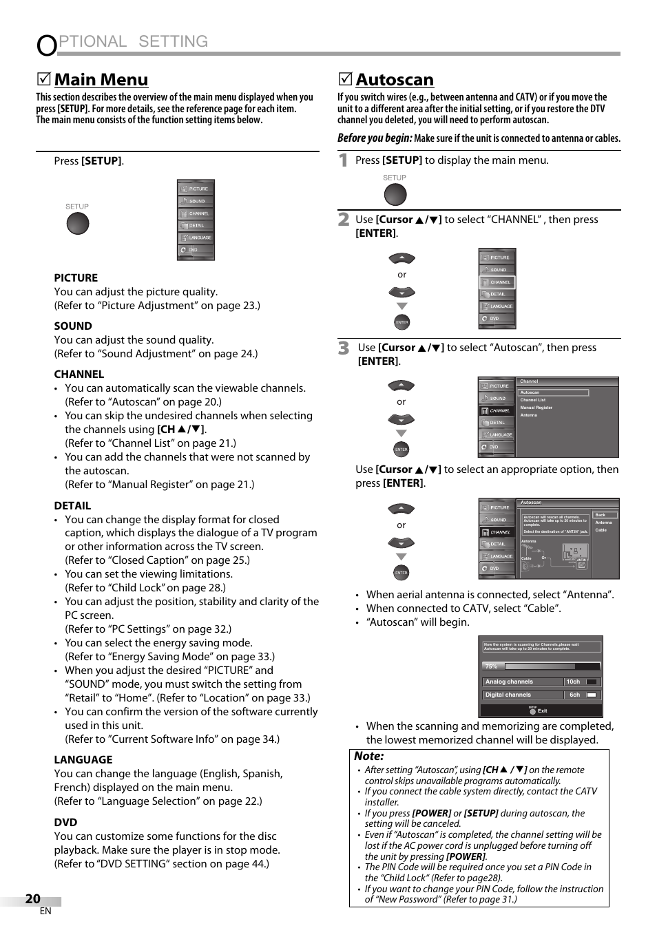 Ptional setting, Main menu, Autoscan | Sylvania LD320SSX User Manual | Page 20 / 162