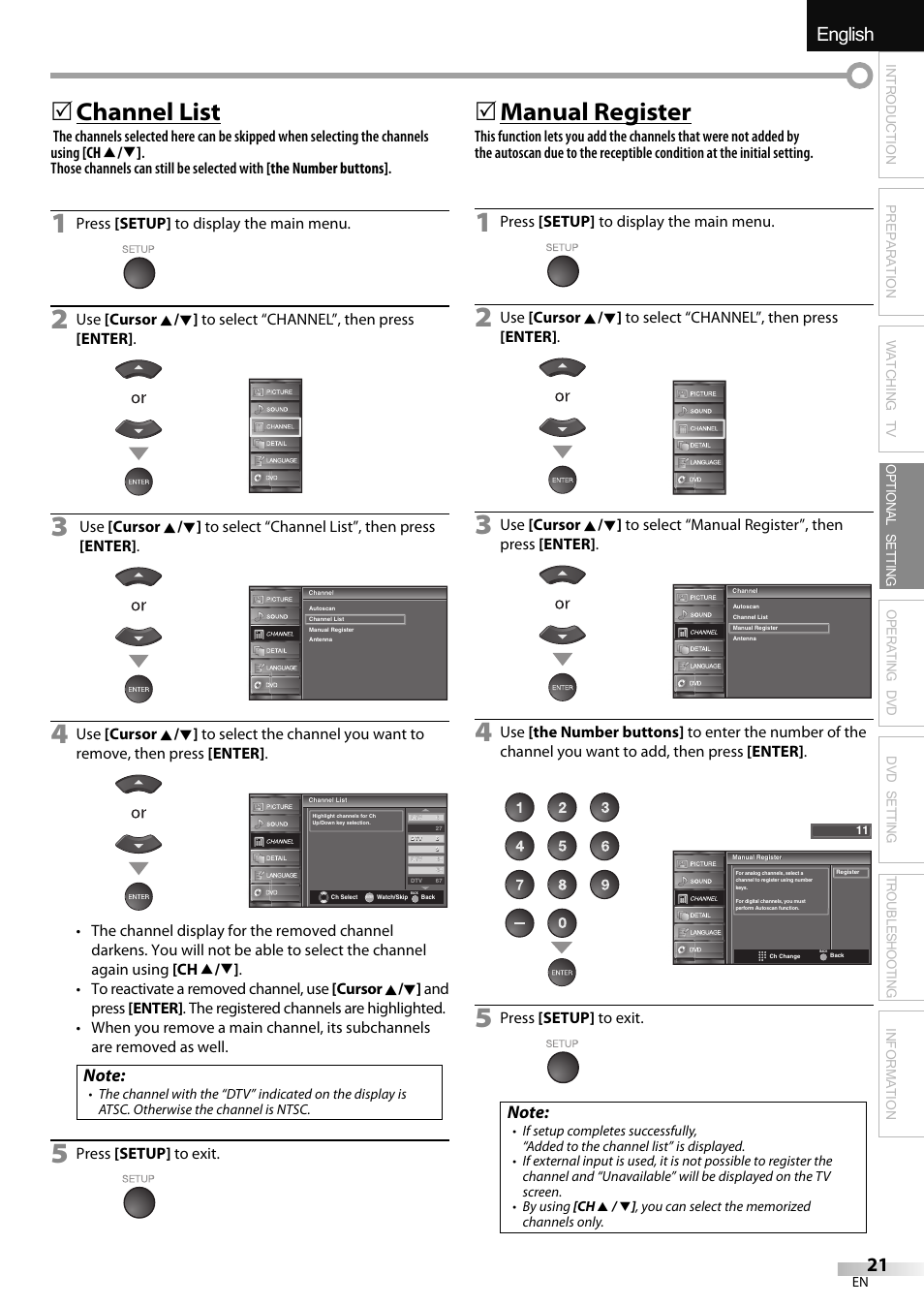 English español français, Channel list, Manual register | Sylvania LD320SSX User Manual | Page 21 / 162