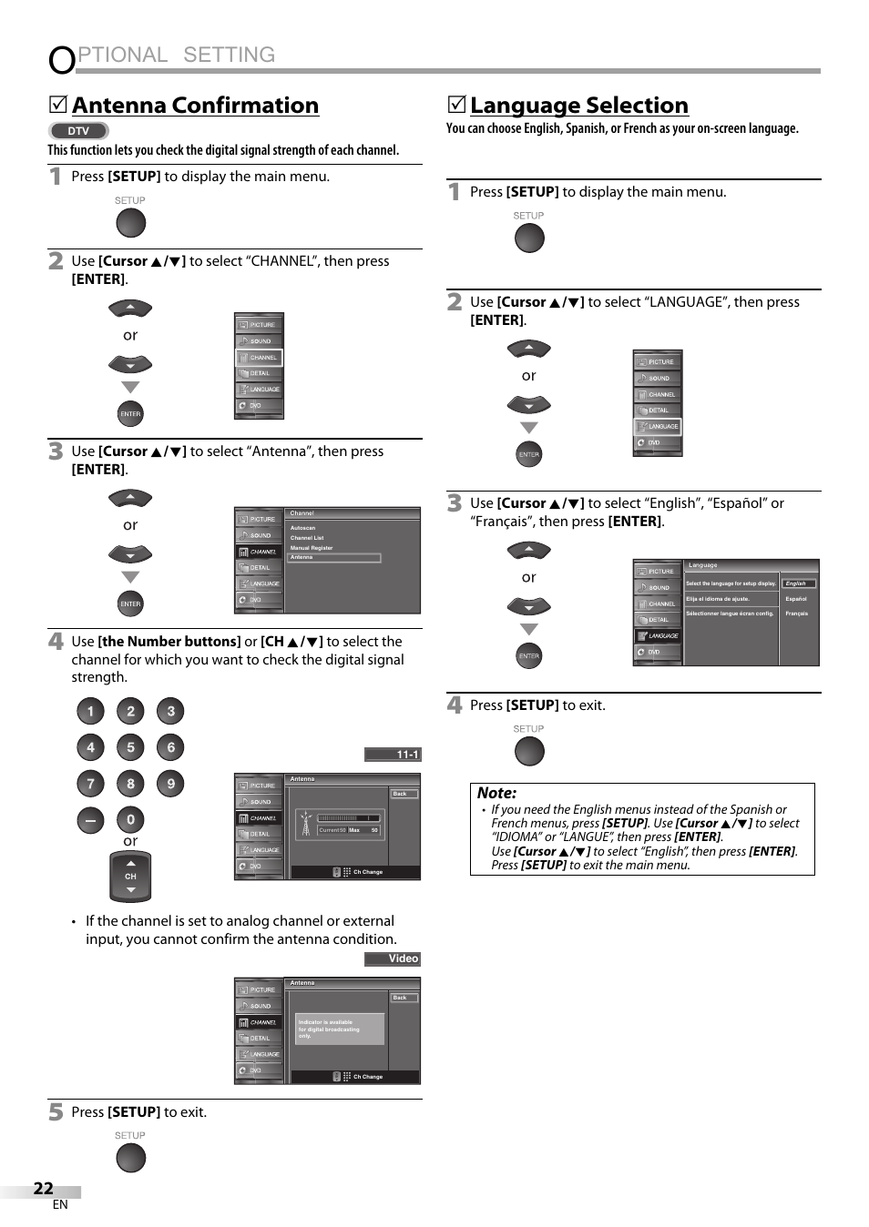 Ptional setting, Antenna confirmation, Language selection | Sylvania LD320SSX User Manual | Page 22 / 162