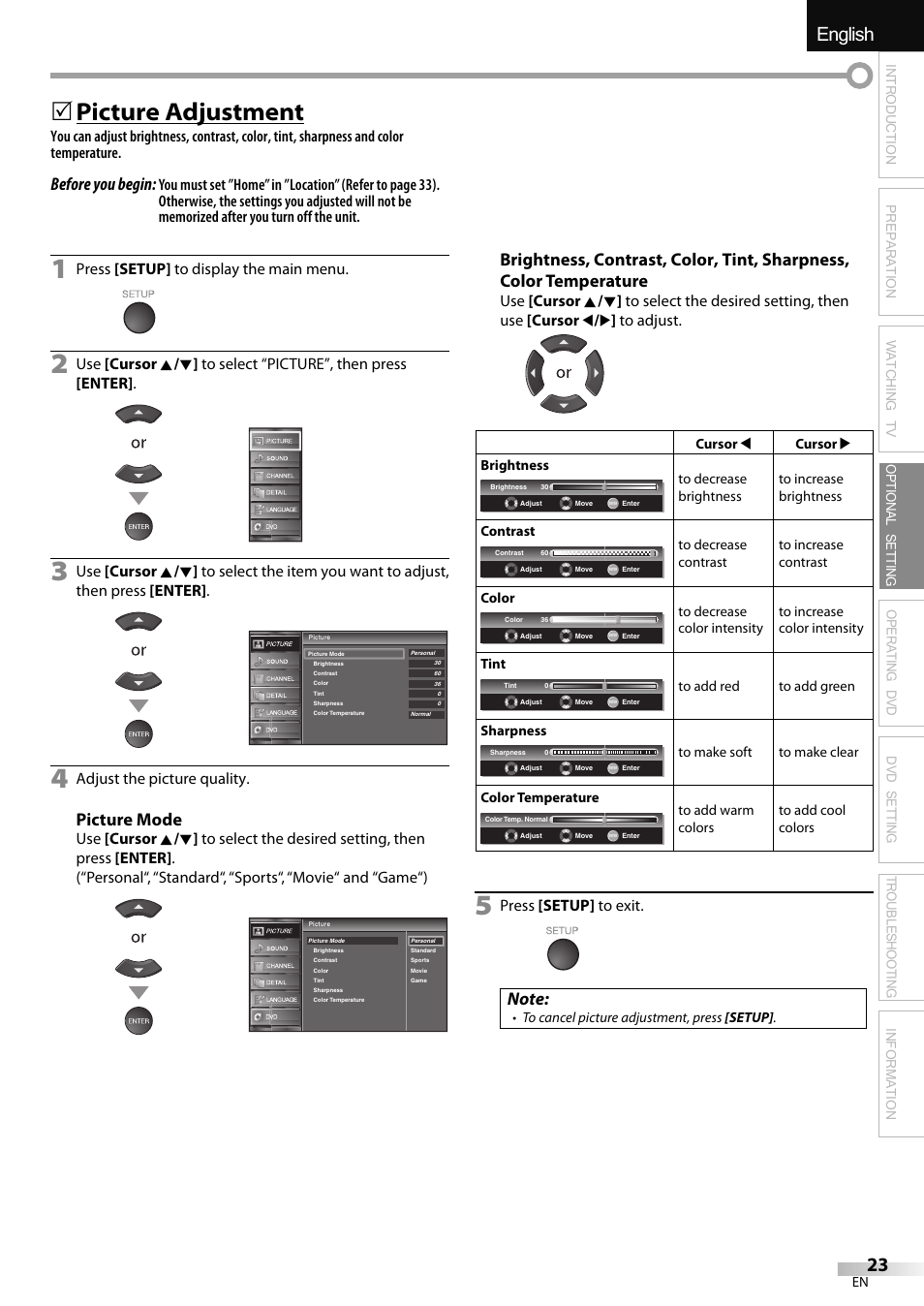 English español français, Picture adjustment, Before you begin | Picture mode, Press [setup] to display the main menu, Adjust the picture quality, Press [setup] to exit | Sylvania LD320SSX User Manual | Page 23 / 162