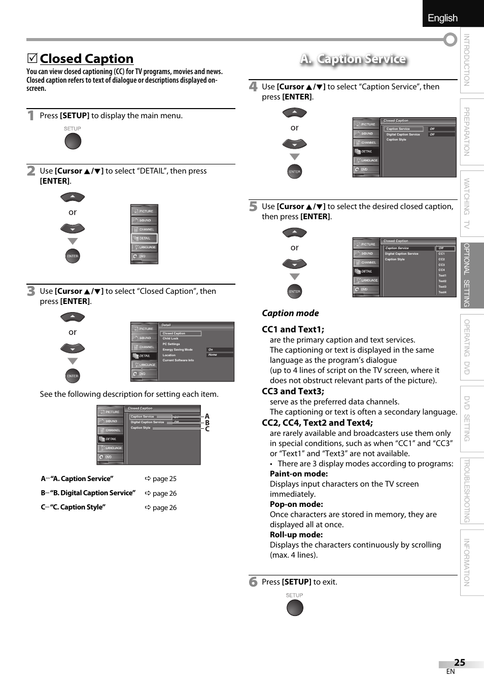 English español français, Closed caption, 5a. caption service a. caption service | Caption mode cc1 and text1, Cc3 and text3, Cc2, cc4, text2 and text4 | Sylvania LD320SSX User Manual | Page 25 / 162