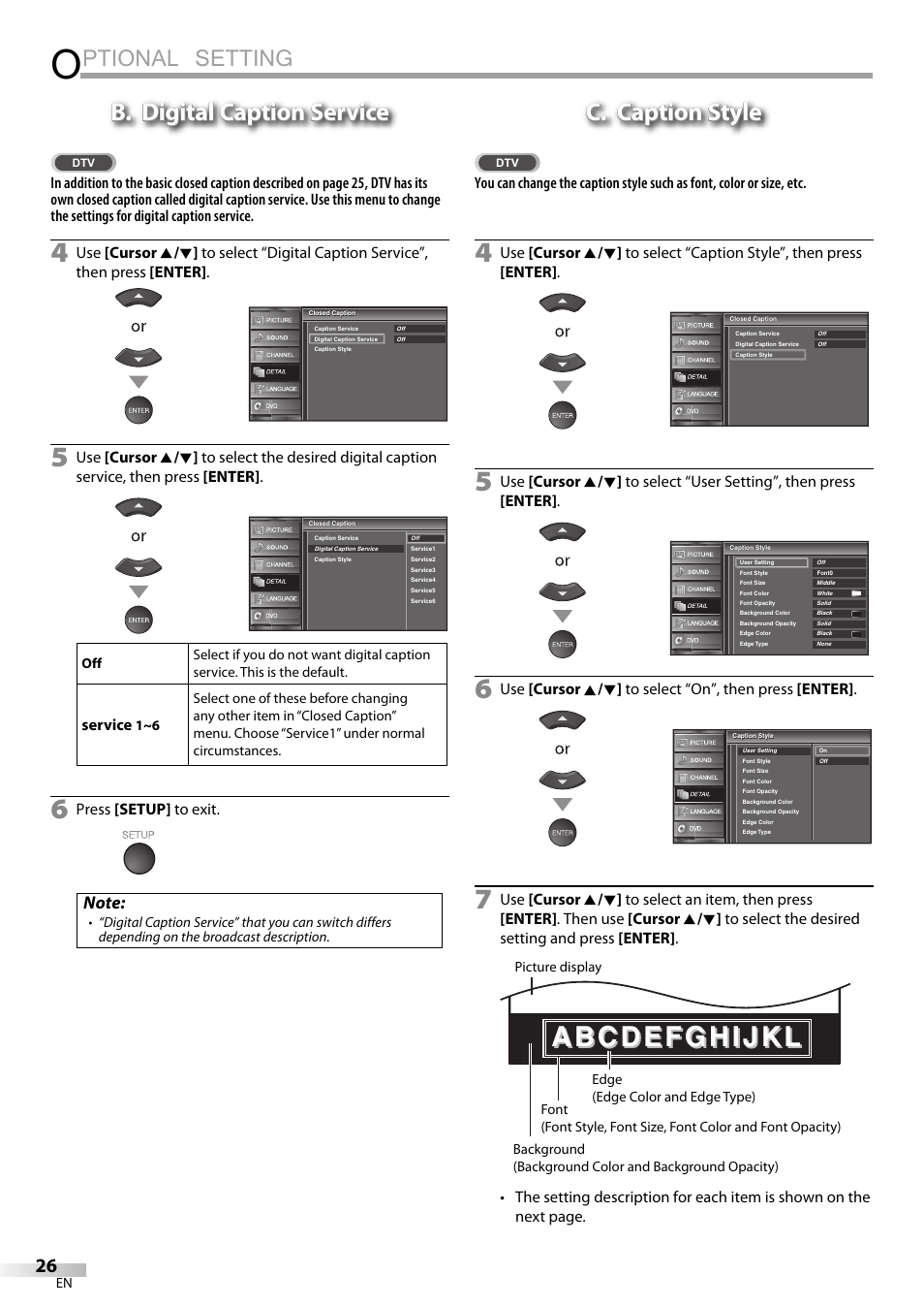 Ptional setting, B. digital caption service, C. caption style | Service, Press [setup] to exit | Sylvania LD320SSX User Manual | Page 26 / 162