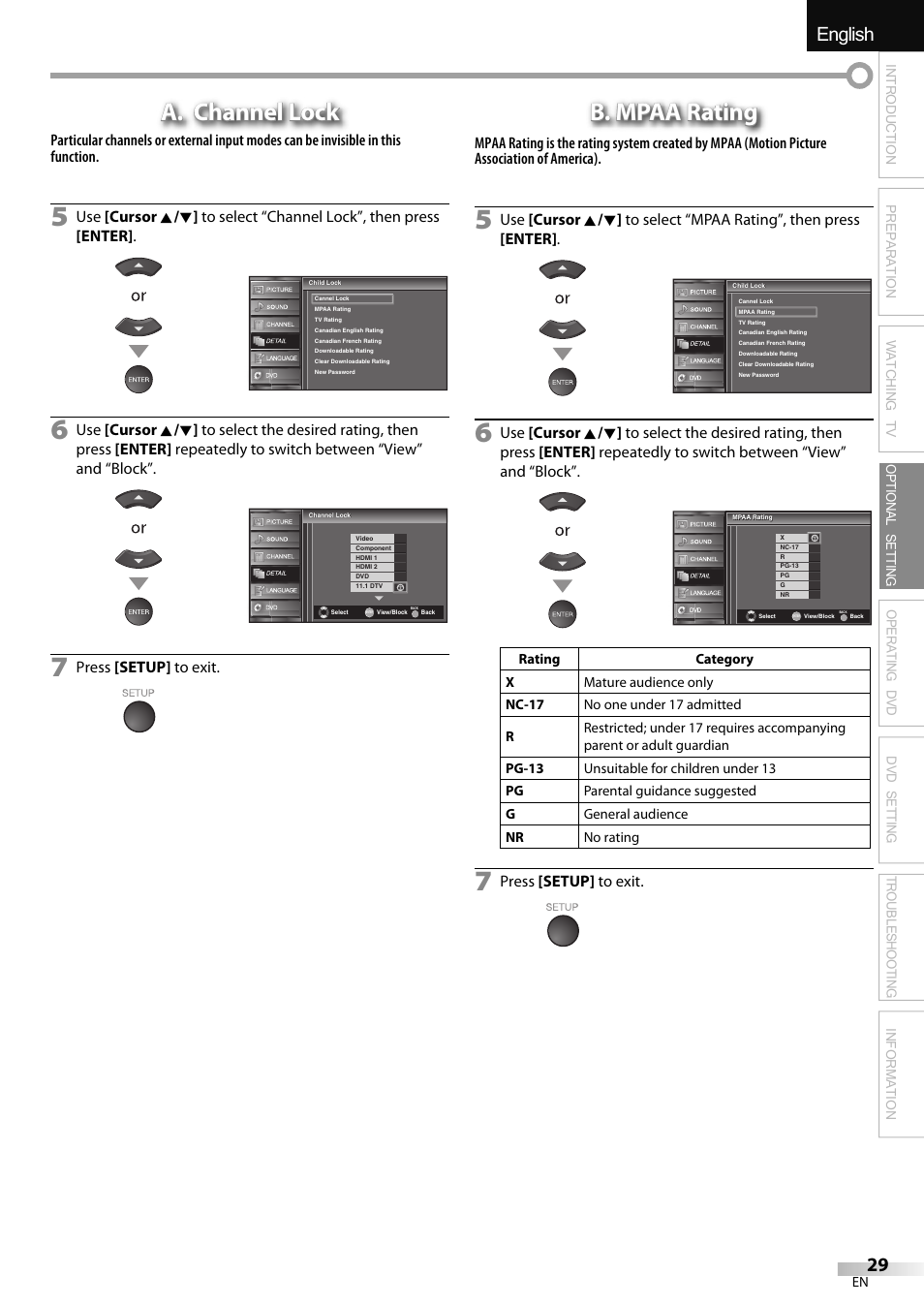 English español français, A. channel lock, B. mpaa rating | Sylvania LD320SSX User Manual | Page 29 / 162