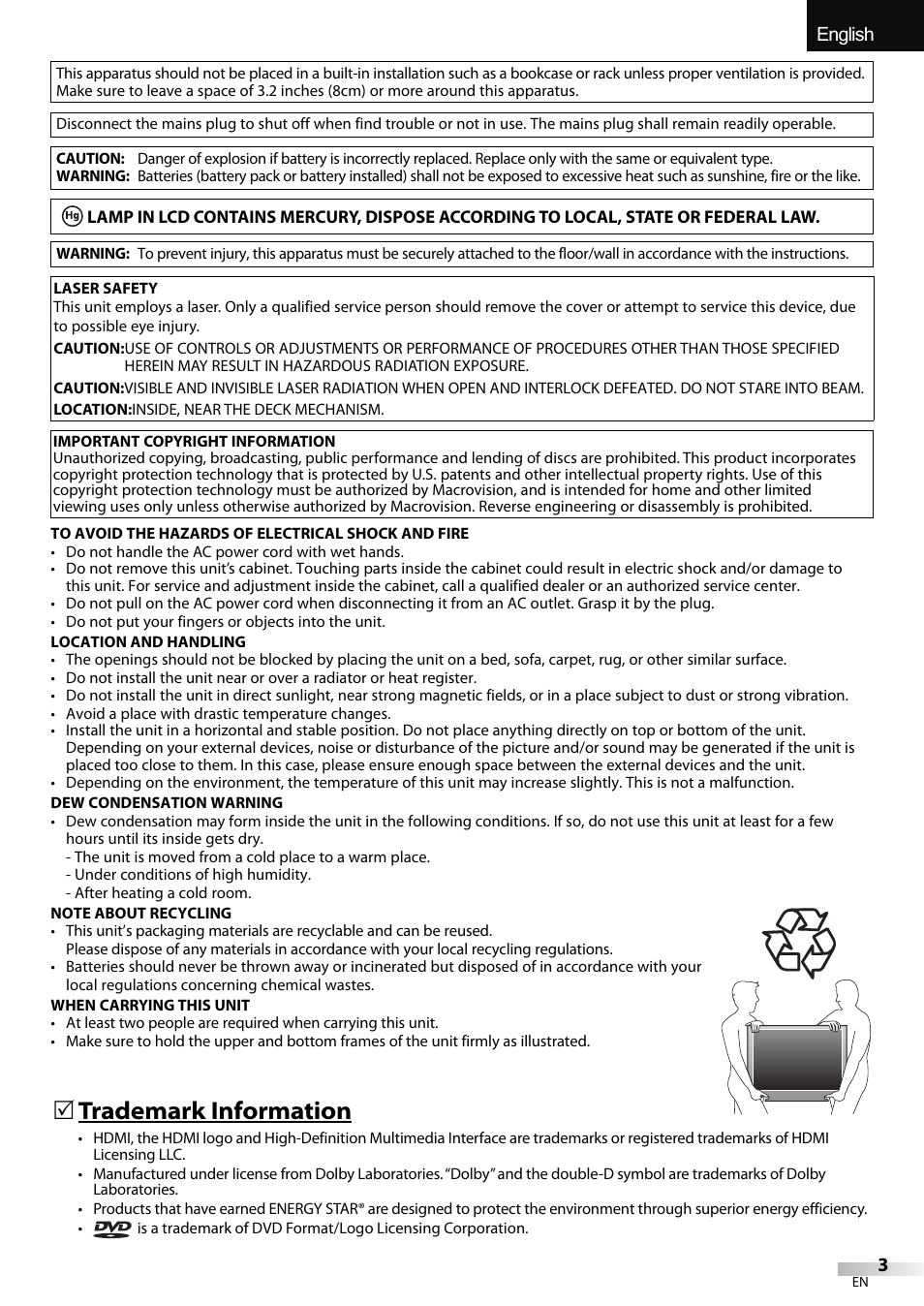 English español français, Trademark information | Sylvania LD320SSX User Manual | Page 3 / 162