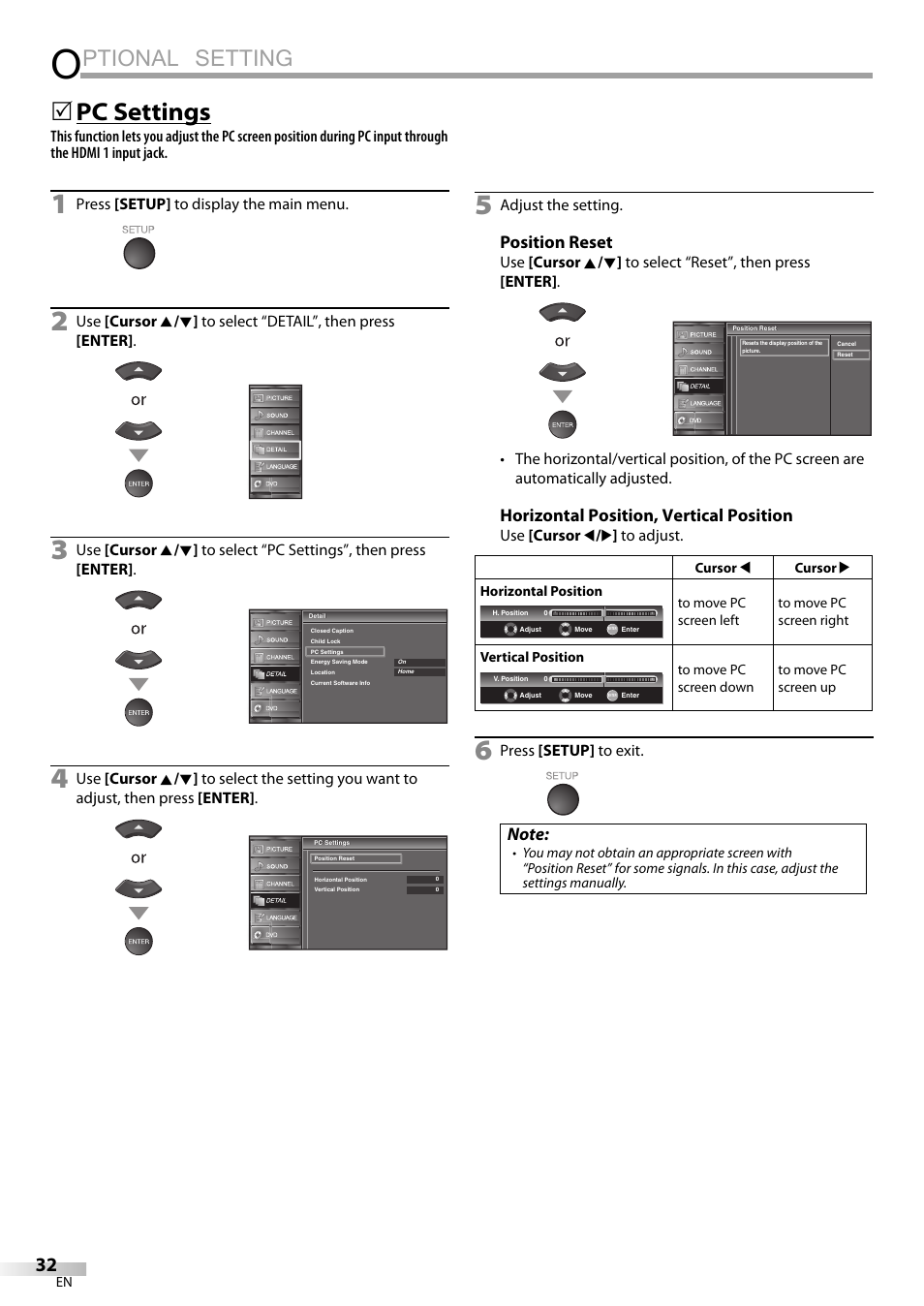 Ptional setting, Pc settings, Position reset | Horizontal position, vertical position | Sylvania LD320SSX User Manual | Page 32 / 162