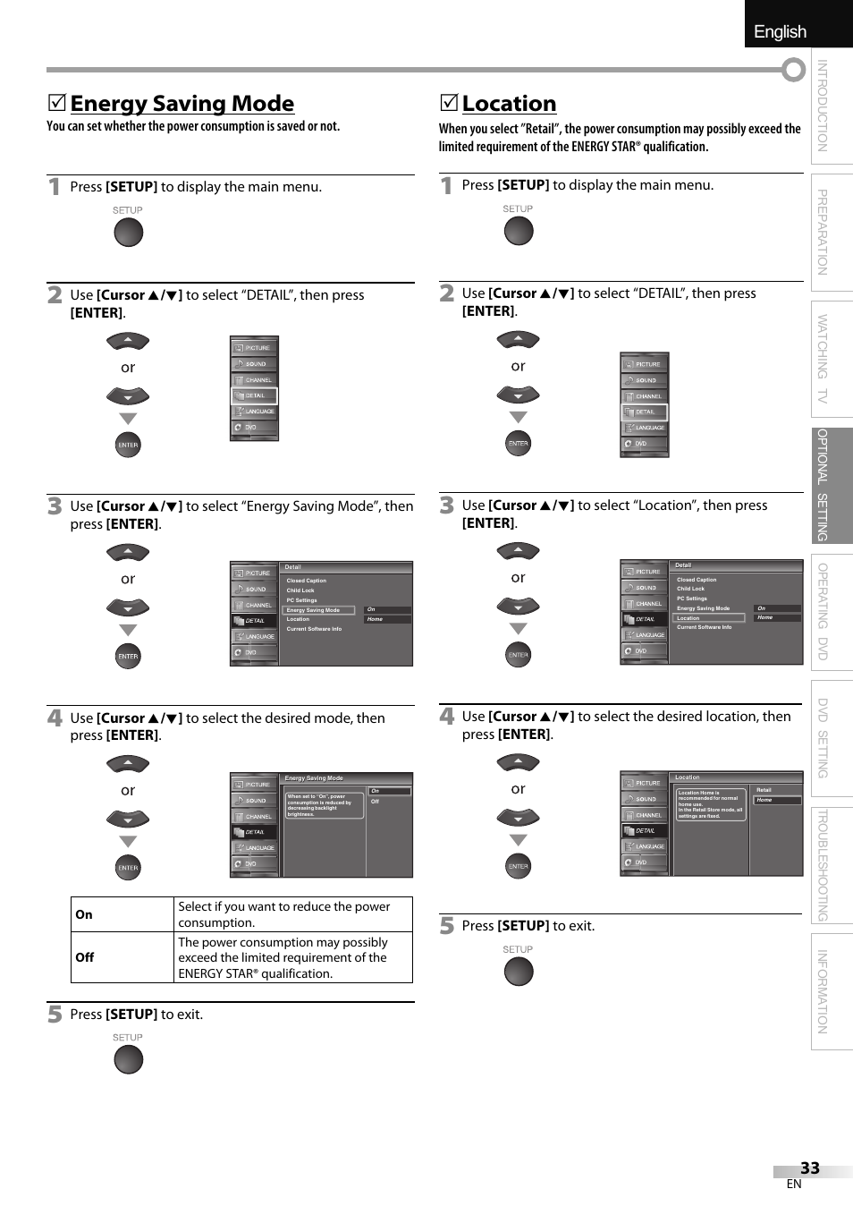 English español français, Energy saving mode, 5location | Sylvania LD320SSX User Manual | Page 33 / 162