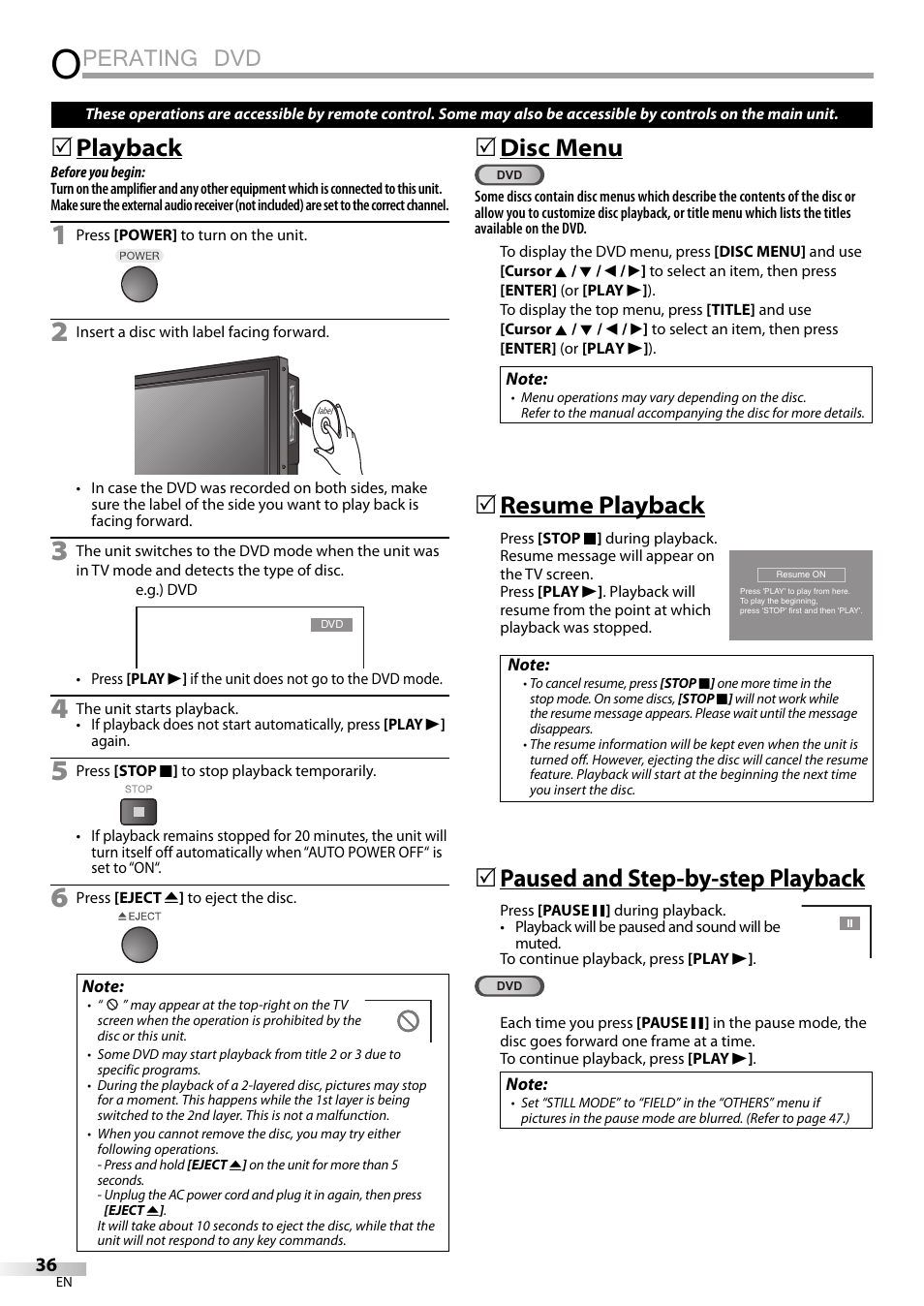 Perating dvd, Playback, Disc menu | Resume playback, Paused and step-by-step playback | Sylvania LD320SSX User Manual | Page 36 / 162