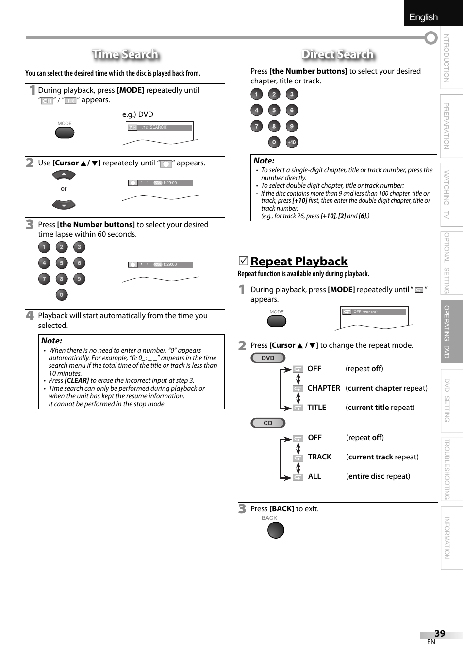 English español français, Time search, Direct search | Repeat playback | Sylvania LD320SSX User Manual | Page 39 / 162