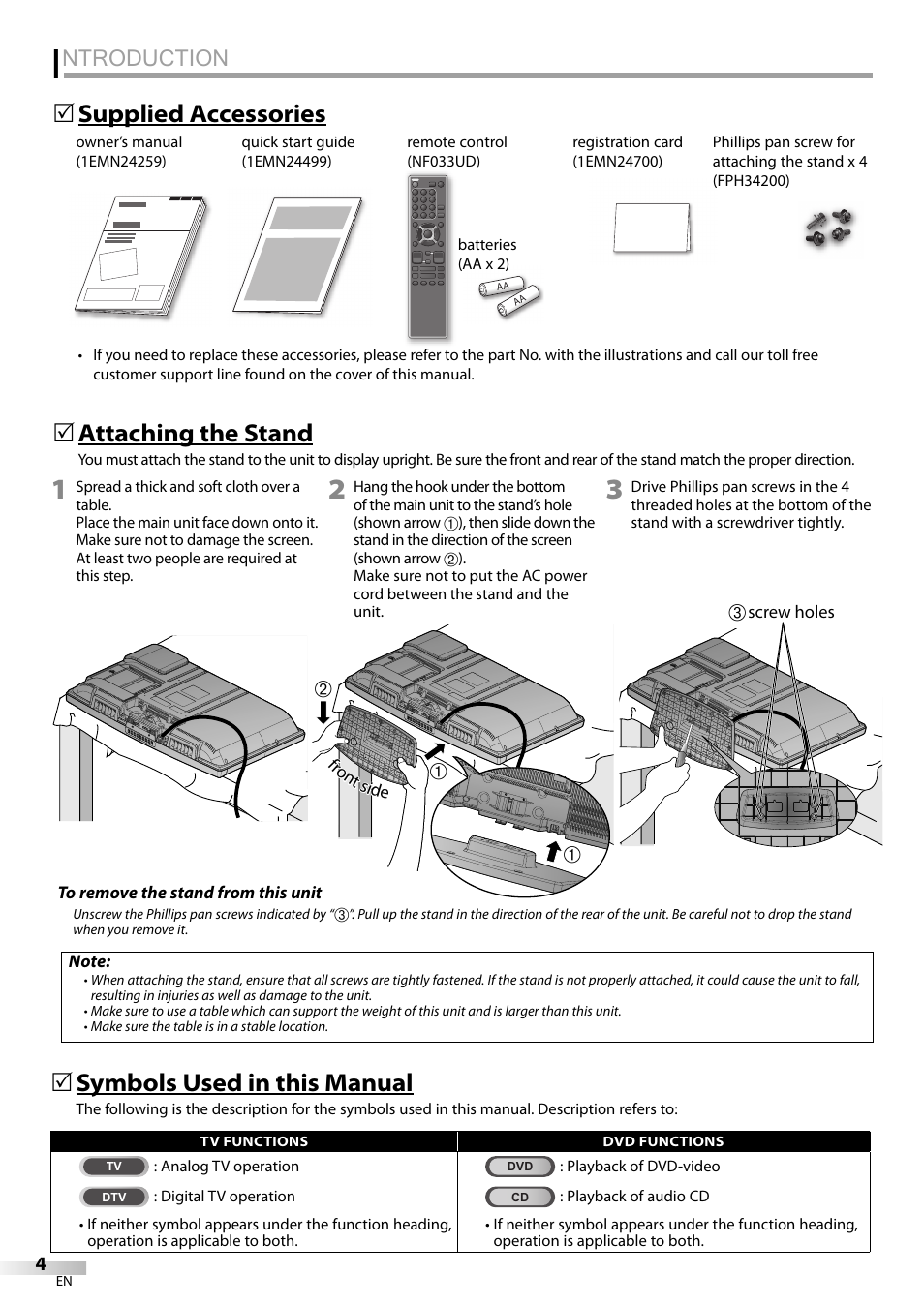 Ntroduction, Supplied accessories 5 attaching the stand, Symbols used in this manual | Sylvania LD320SSX User Manual | Page 4 / 162