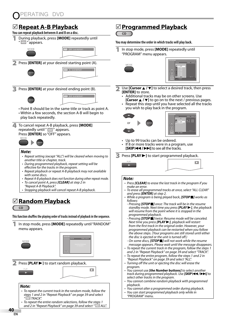 Perating dvd, Repeat a-b playback, Random playback | 5programmed playback | Sylvania LD320SSX User Manual | Page 40 / 162