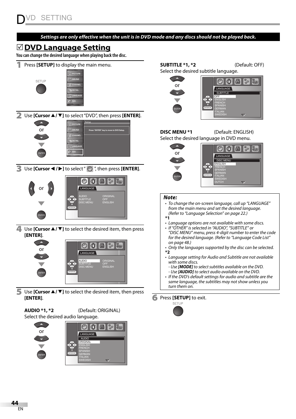Vd setting, Dvd language setting | Sylvania LD320SSX User Manual | Page 44 / 162