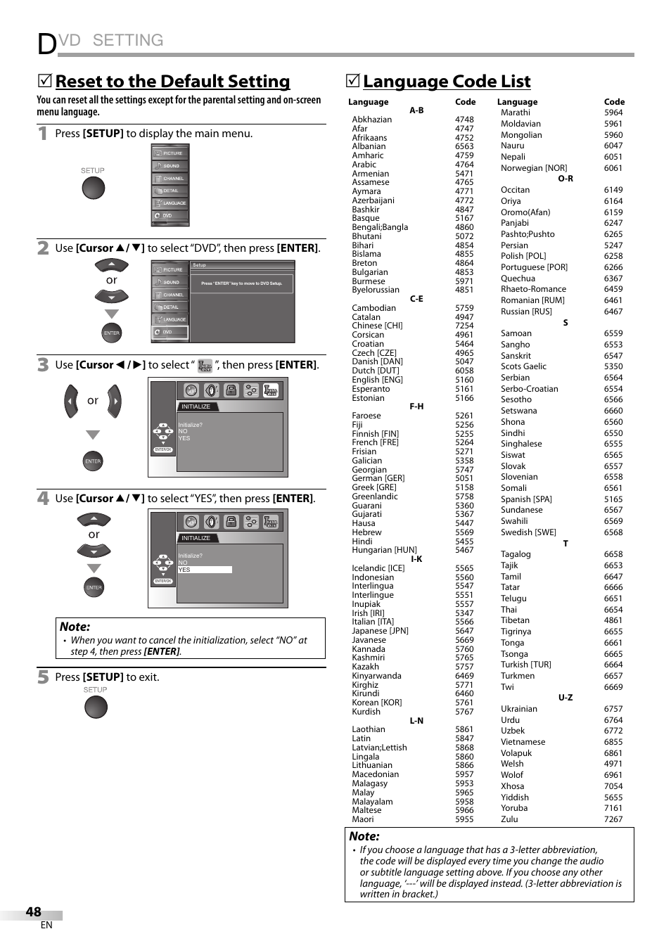 Vd setting, Language code list 5, Reset to the default setting 5 | Sylvania LD320SSX User Manual | Page 48 / 162