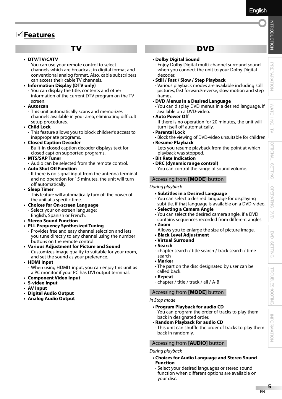 English español français, Features 5 tv dvd | Sylvania LD320SSX User Manual | Page 5 / 162