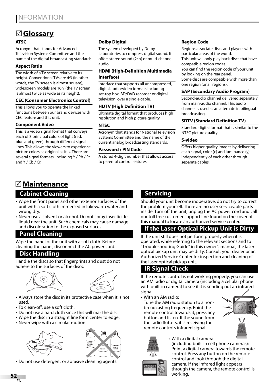 Nformation, Glossary 5 maintenance 5, Cabinet cleaning | Panel cleaning, Disc handling, Servicing, If the laser optical pickup unit is dirty, Ir signal check | Sylvania LD320SSX User Manual | Page 52 / 162