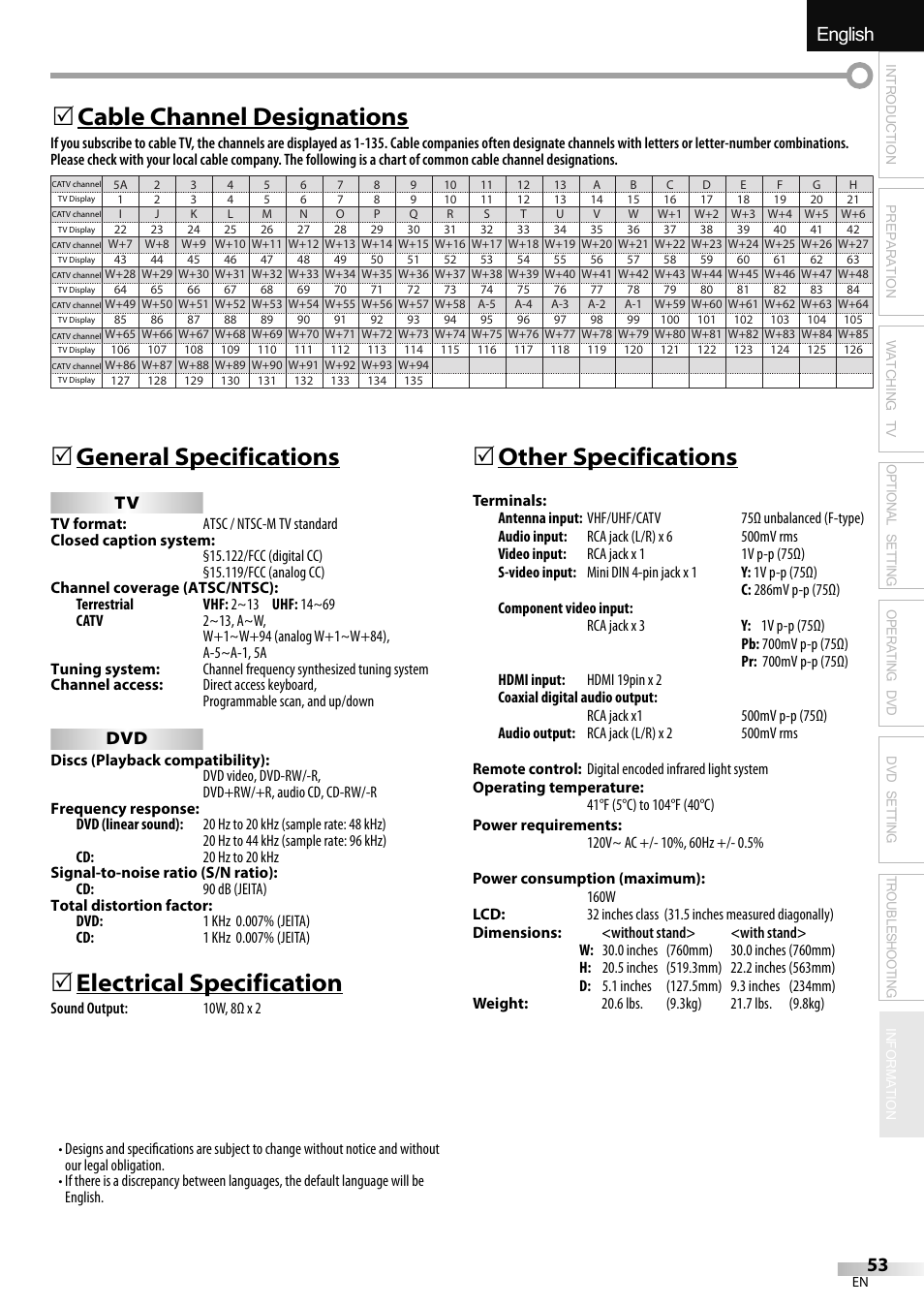 English español français, General specifications, Electrical specification | 5other specifications, Cable channel designations 5 | Sylvania LD320SSX User Manual | Page 53 / 162