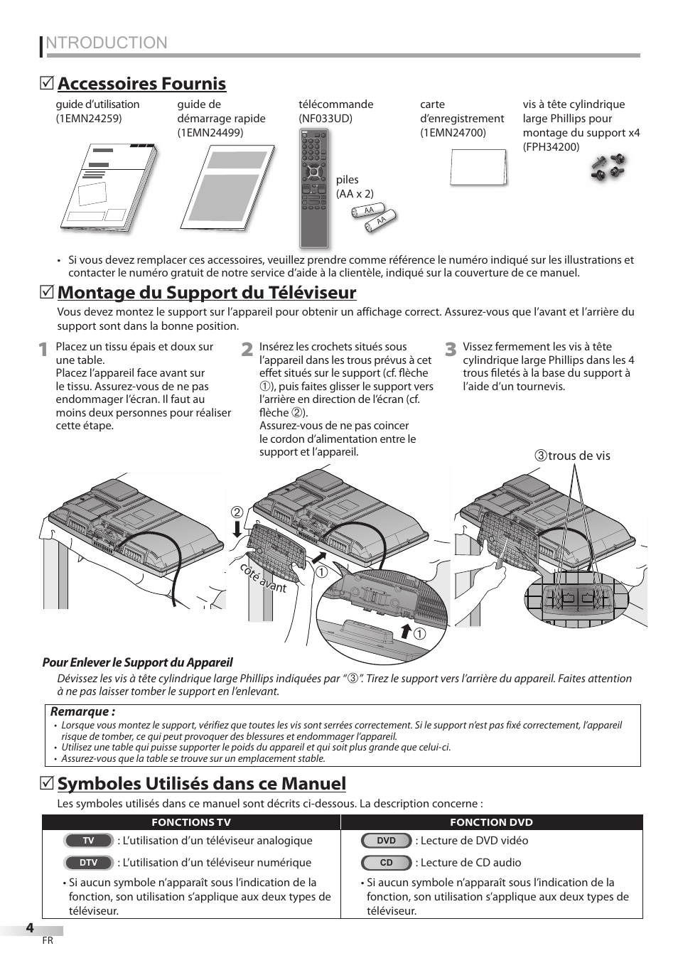 Ntroduction, Montage du support du téléviseur, 5accessoires fournis 5 | Symboles utilisés dans ce manuel | Sylvania LD320SSX User Manual | Page 58 / 162