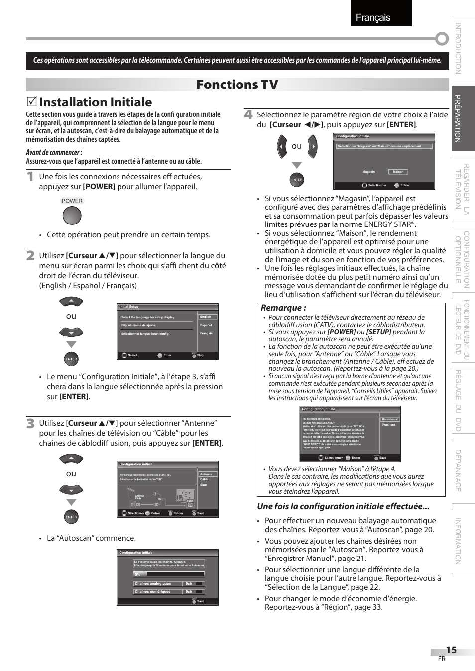 Français, Installation initiale, Fonctions tv | Avant de commencer, Remarque, Une fois la configuration initiale effectuée | Sylvania LD320SSX User Manual | Page 69 / 162