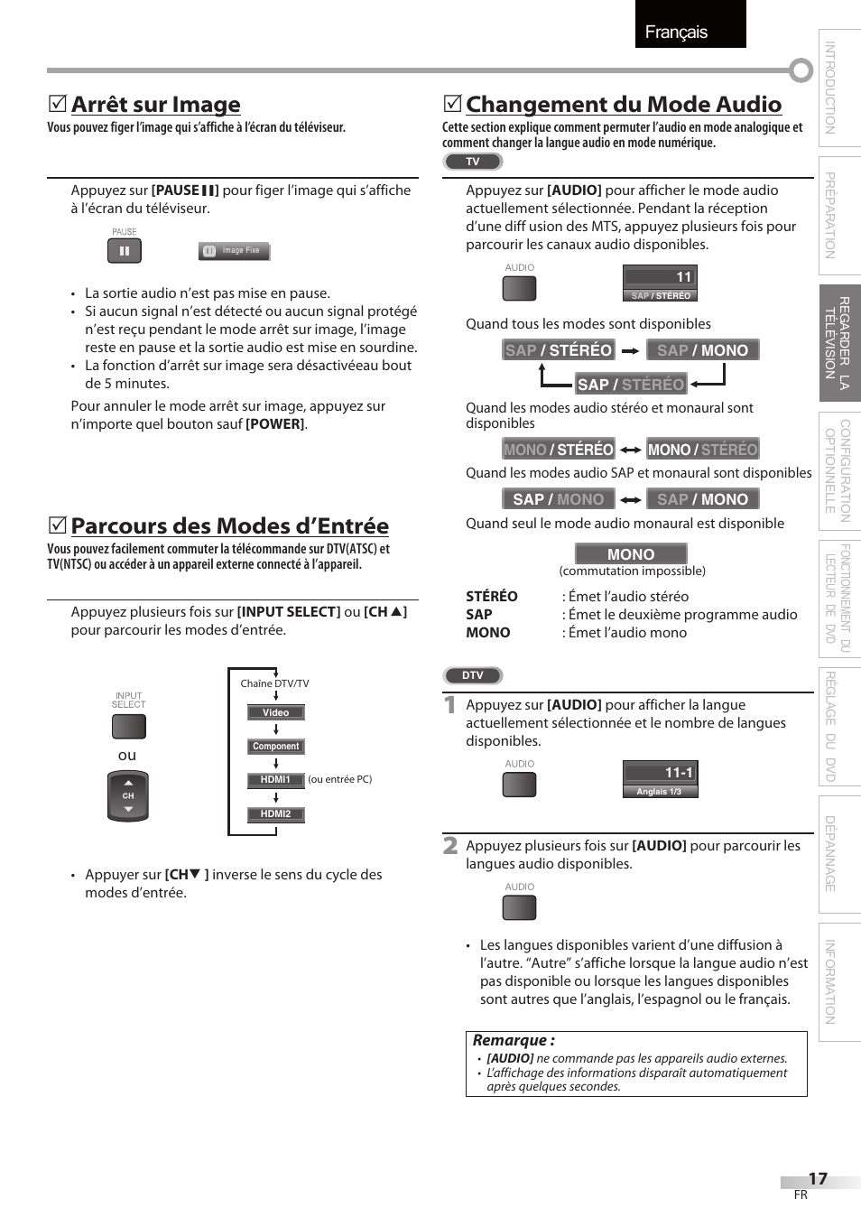 Français, Arrêt sur image, Parcours des modes d’entrée | Changement du mode audio | Sylvania LD320SSX User Manual | Page 71 / 162