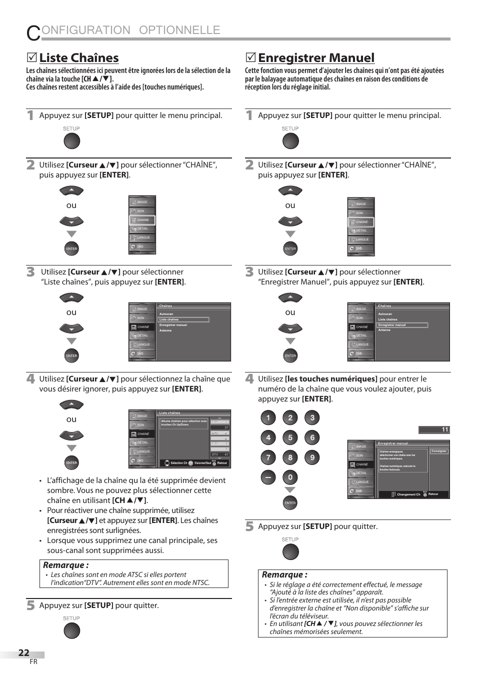 Onfiguration optionnelle, Liste chaînes, Enregistrer manuel | Remarque, Appuyez sur [setup] pour quitter le menu principal, Appuyez sur [setup] pour quitter | Sylvania LD320SSX User Manual | Page 76 / 162