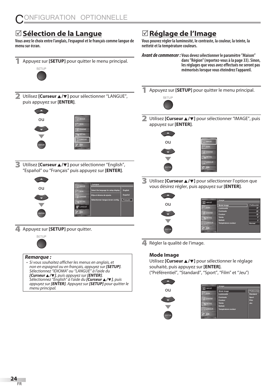 Onfiguration optionnelle, Sélection de la langue, 5réglage de l’image | Remarque, Avant de commencer, Mode image | Sylvania LD320SSX User Manual | Page 78 / 162