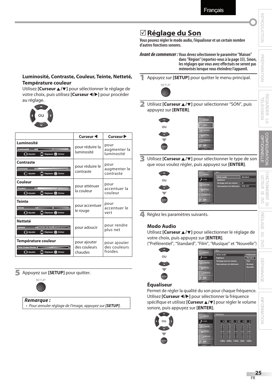 Français, Réglage du son, Remarque | Avant de commencer, Modo audio, Équaliseur, Appuyez sur [setup] pour quitter, Appuyez sur [setup] pour quitter le menu principal, Réglez les paramètres suivants | Sylvania LD320SSX User Manual | Page 79 / 162