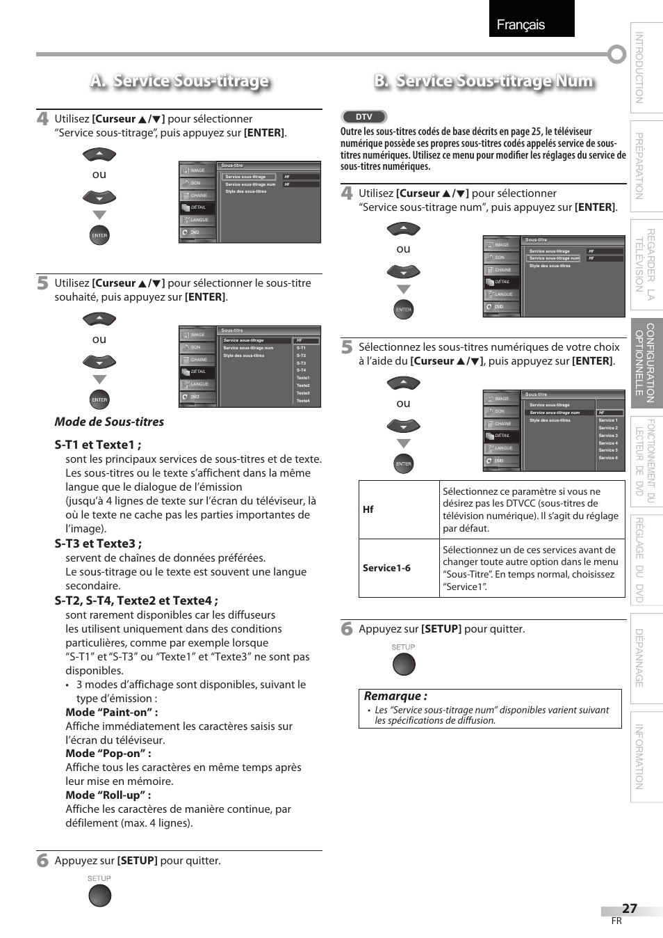 Français, A. service sous-titrage, B. service sous-titrage num | Mode de sous-titres s-t1 et texte1, S-t3 et texte3, S-t2, s-t4, texte2 et texte4, Remarque | Sylvania LD320SSX User Manual | Page 81 / 162