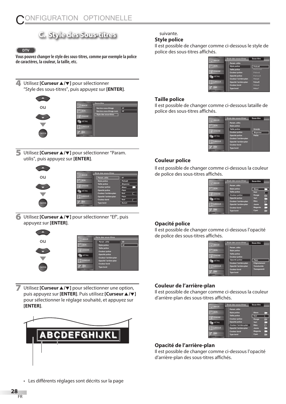 Onfiguration optionnelle, C. style des sous-titres, Style police | Taille police, Couleur police, Opacité police, Couleur de l’arrière-plan, Opacité de l’arrière-plan | Sylvania LD320SSX User Manual | Page 82 / 162