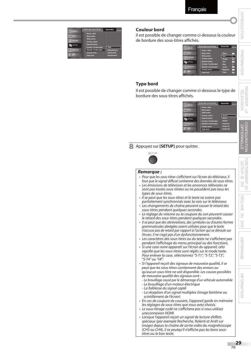 Français, Couleur bord, Type bord | Remarque, Appuyez sur [setup] pour quitter | Sylvania LD320SSX User Manual | Page 83 / 162