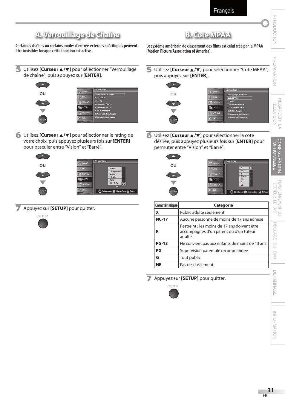 Français, A. verrouillage de chaîne, B. cote mpaa | Appuyez sur [setup] pour quitter | Sylvania LD320SSX User Manual | Page 85 / 162