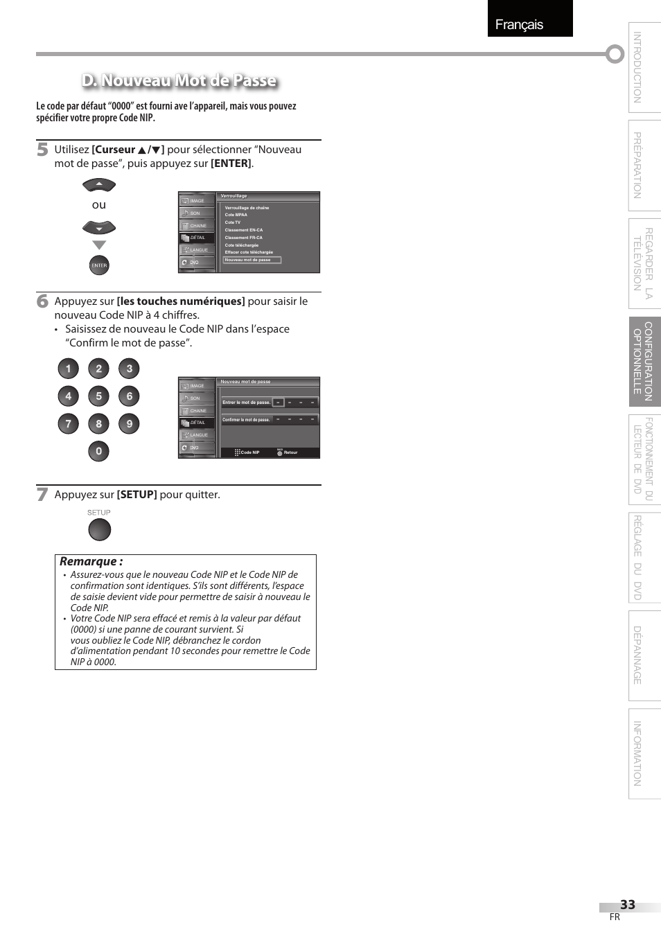 Français, D. nouveau mot de passe, Remarque | Sylvania LD320SSX User Manual | Page 87 / 162