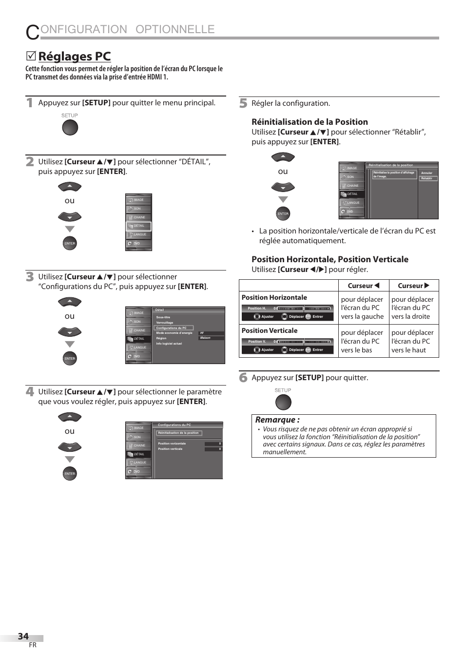 Onfiguration optionnelle, Réglages pc, Réinitialisation de la position | Position horizontale, position verticale, Remarque, Appuyez sur [setup] pour quitter le menu principal, Régler la configuration, Utilisez [curseur s / b ] pour régler, Appuyez sur [setup] pour quitter | Sylvania LD320SSX User Manual | Page 88 / 162