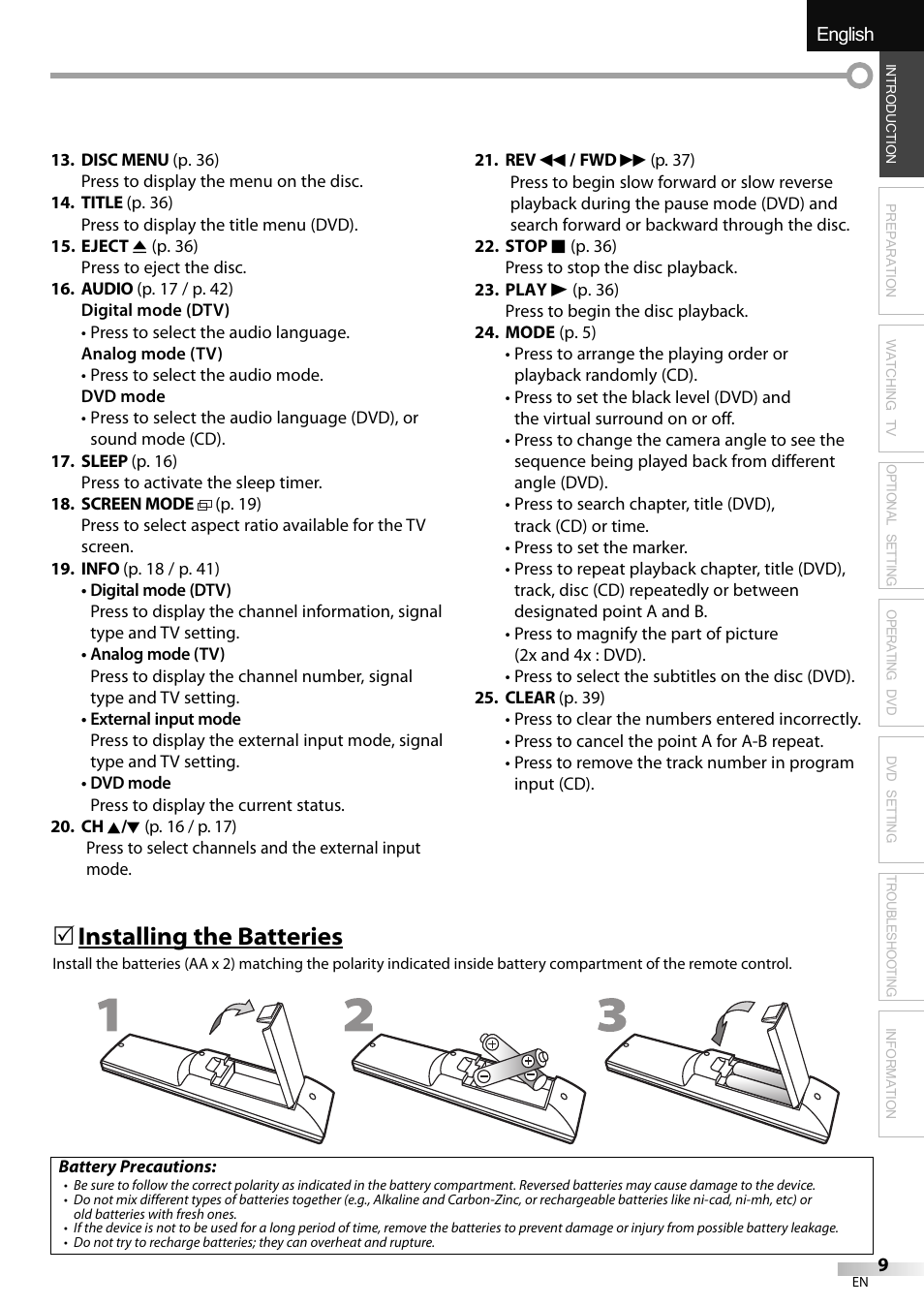 English español français, Installing the batteries | Sylvania LD320SSX User Manual | Page 9 / 162