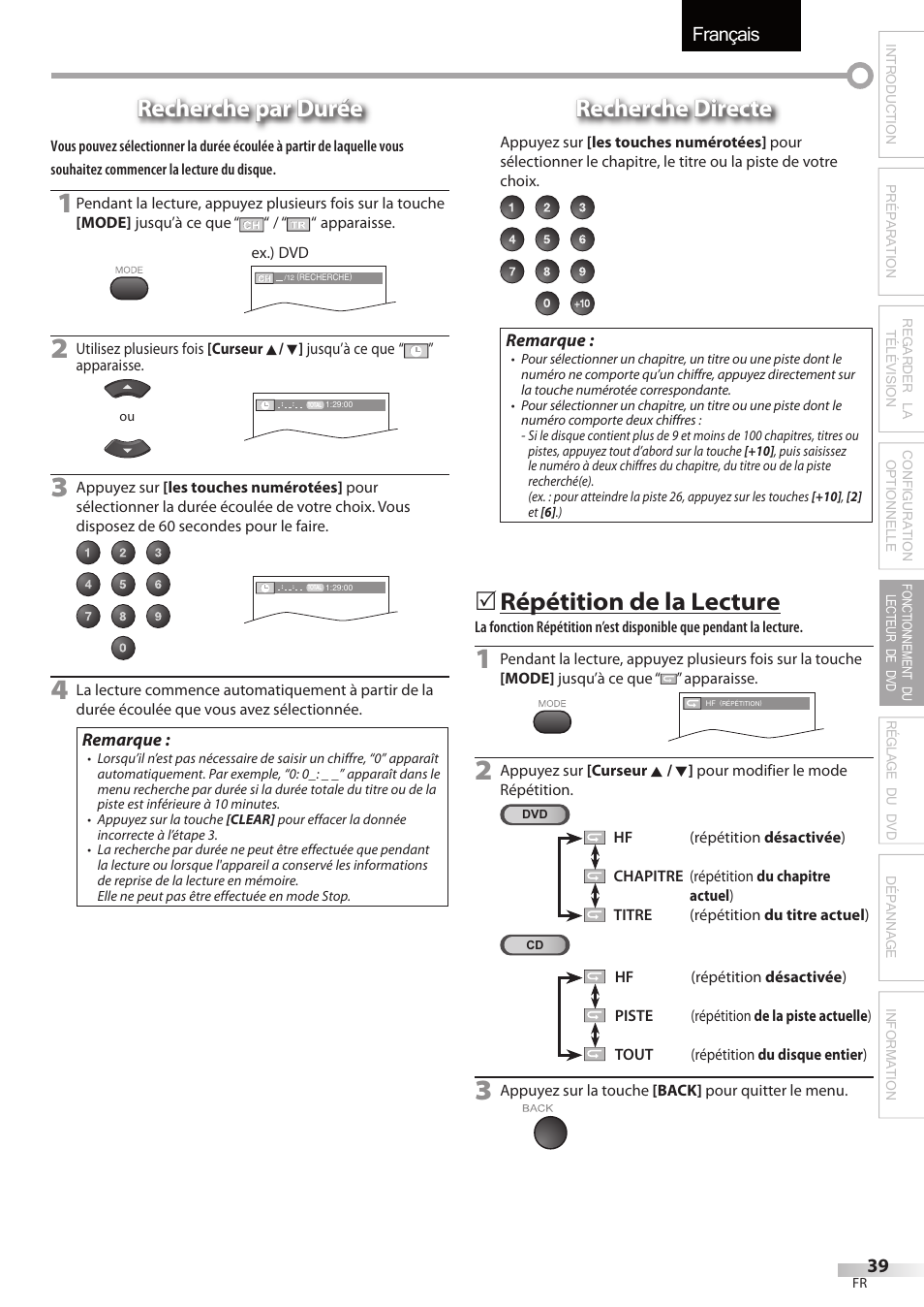 Français, Recherche par durée, Recherche directe | Répétition de la lecture | Sylvania LD320SSX User Manual | Page 93 / 162