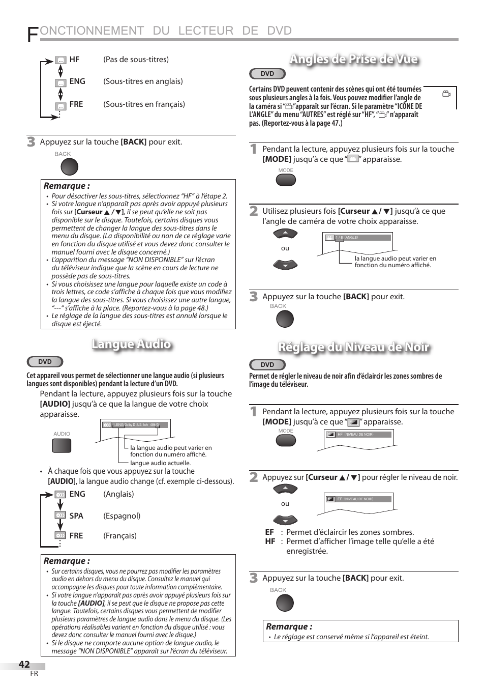 Onctionnement du lecteur de dvd, Langue audio, Angles de prise de vue | Réglage du niveau de noir | Sylvania LD320SSX User Manual | Page 96 / 162