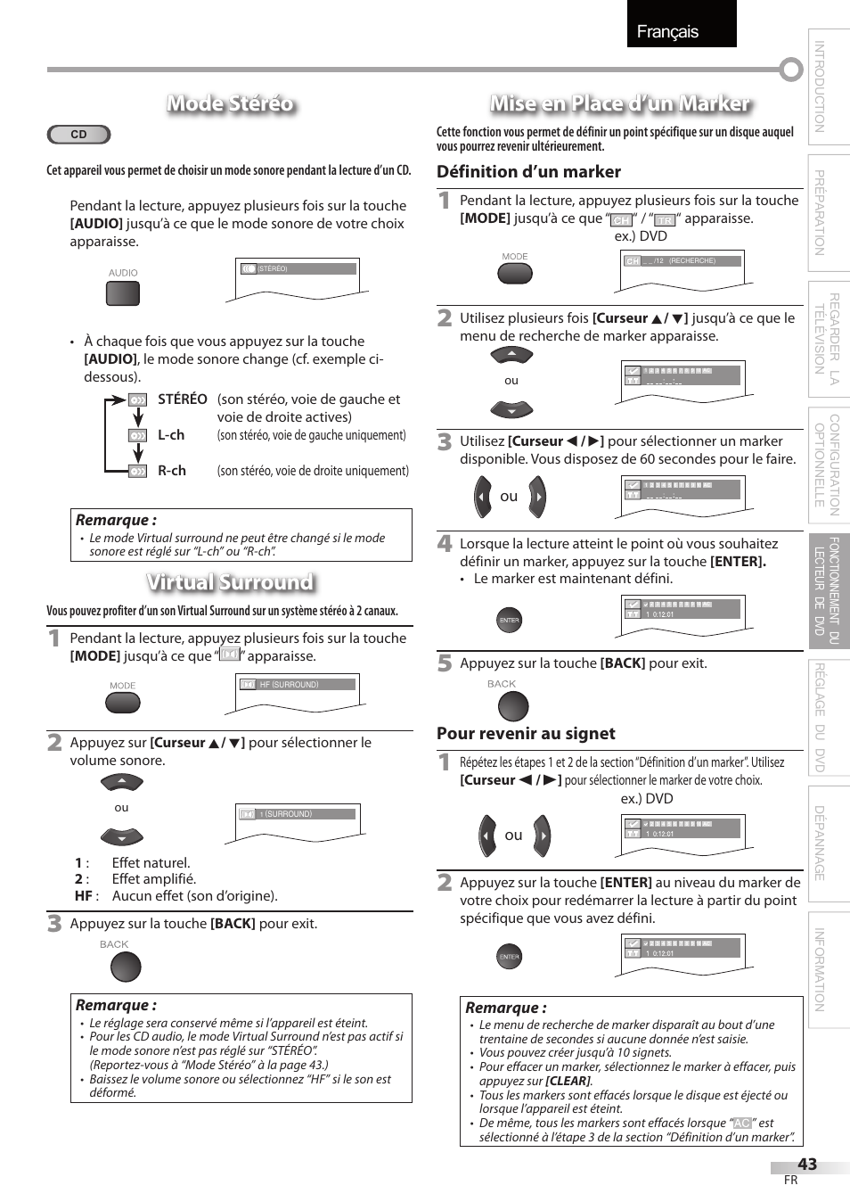 Français, Mode stéréo, Virtual surround | Mise en place d’un marker | Sylvania LD320SSX User Manual | Page 97 / 162