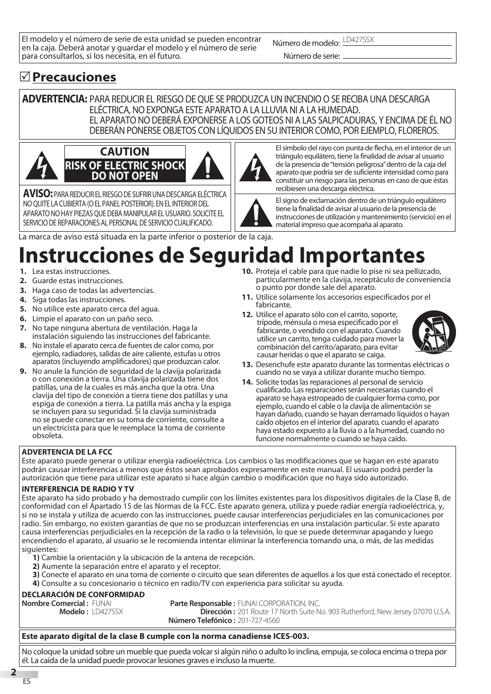 Instrucciones de seguridad importantes, 5 precauciones, Aviso | Caution risk of electric shock do not open, Advertencia | Sylvania LD427SSX User Manual | Page 120 / 176