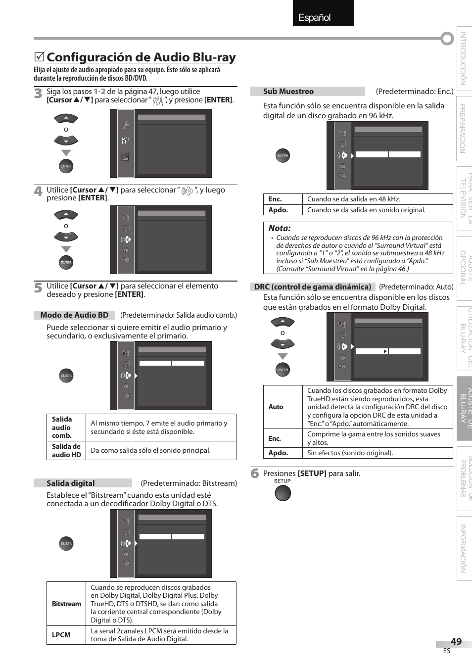 English español français, 5 configuración de audio blu-ray, Nota | Sylvania LD427SSX User Manual | Page 167 / 176