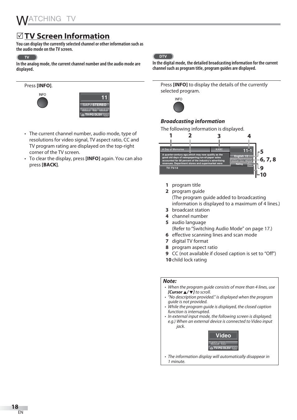 Atching tv, Tv screen information, Broadcasting information | Video | Sylvania LD427SSX User Manual | Page 18 / 176