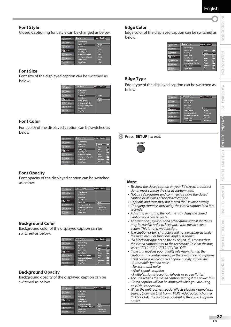 English español français, Font style, Font size | Font color, Font opacity, Background color, Background opacity, Edge color, Edge type, Press [setup] to exit | Sylvania LD427SSX User Manual | Page 27 / 176