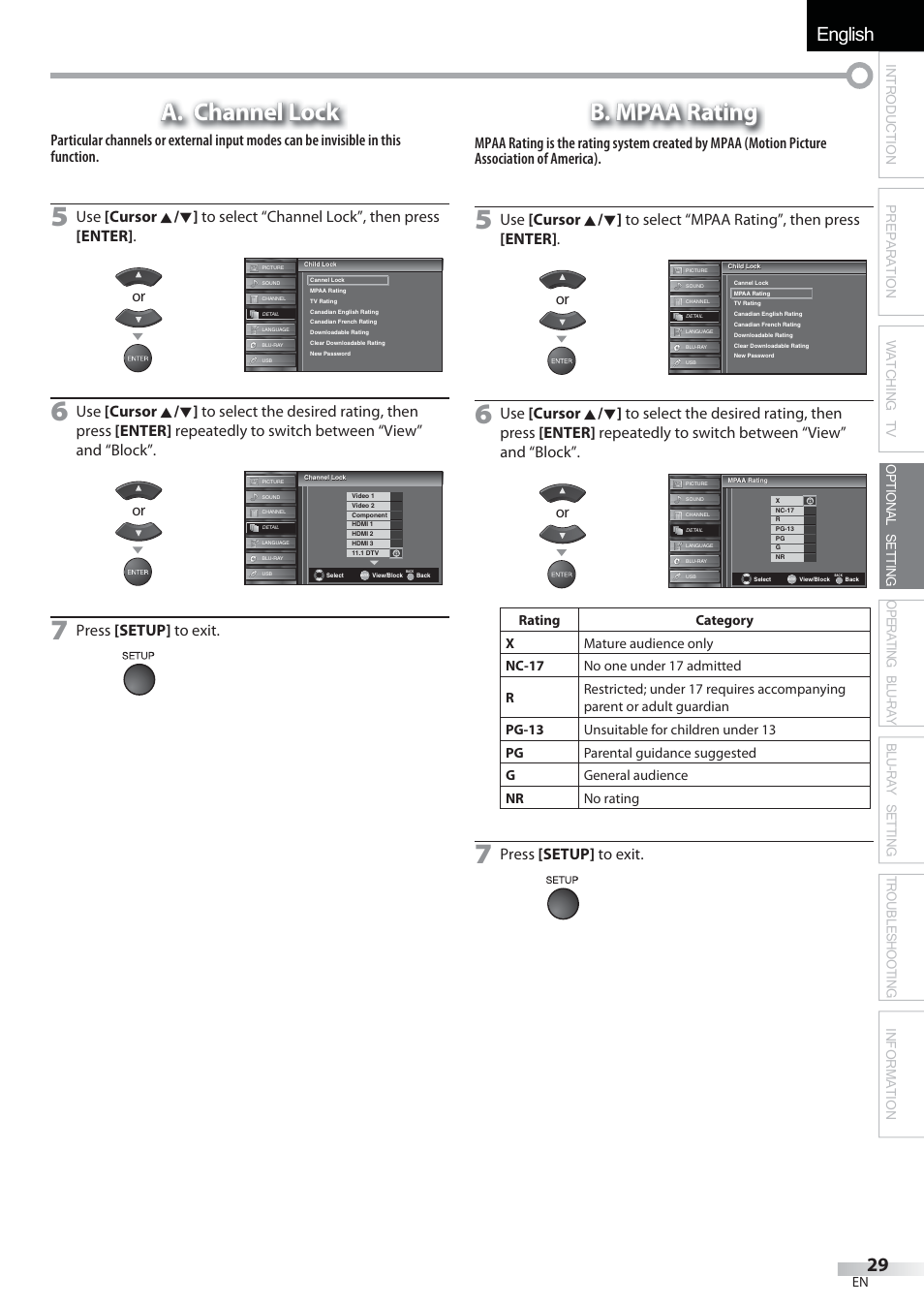 English español français, A. channel lock, B. mpaa rating | Press [setup] to exit | Sylvania LD427SSX User Manual | Page 29 / 176