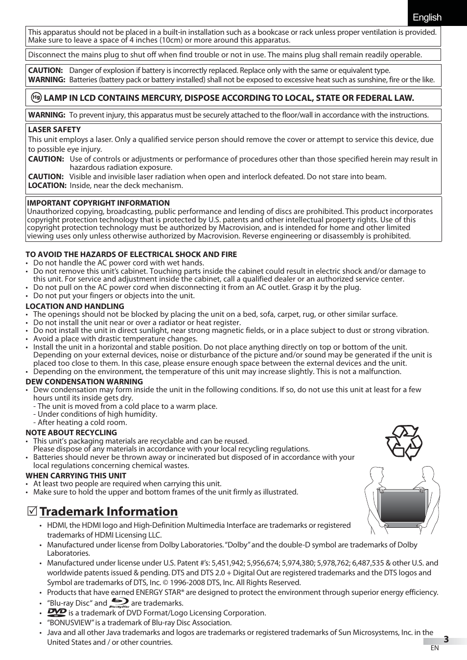 English español français, Trademark information | Sylvania LD427SSX User Manual | Page 3 / 176