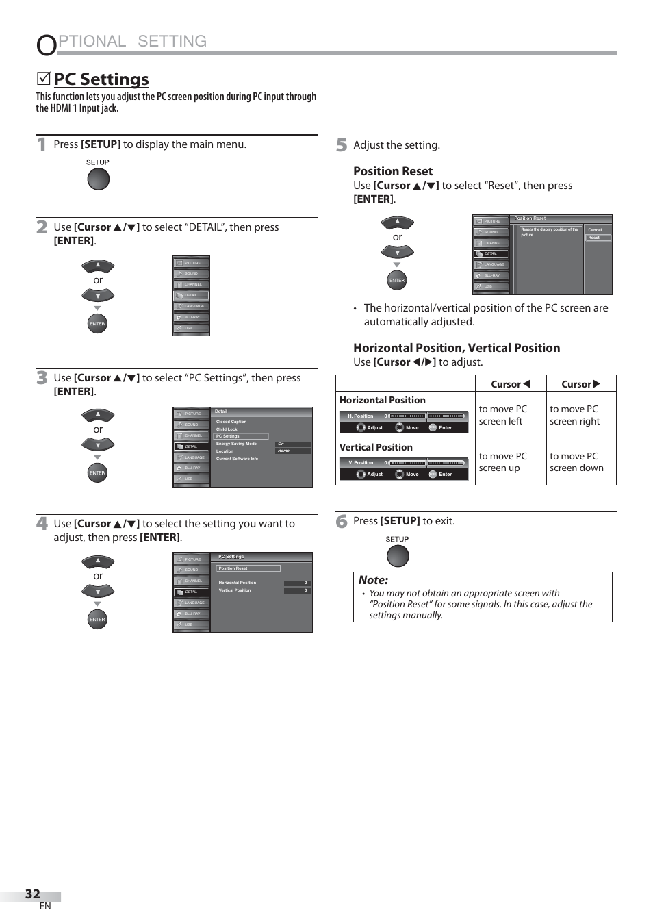 Ptional setting, Pc settings, Position reset | Horizontal position, vertical position, Press [setup] to display the main menu, Adjust the setting, Use [cursor s / b ] to adjust, Press [setup] to exit | Sylvania LD427SSX User Manual | Page 32 / 176