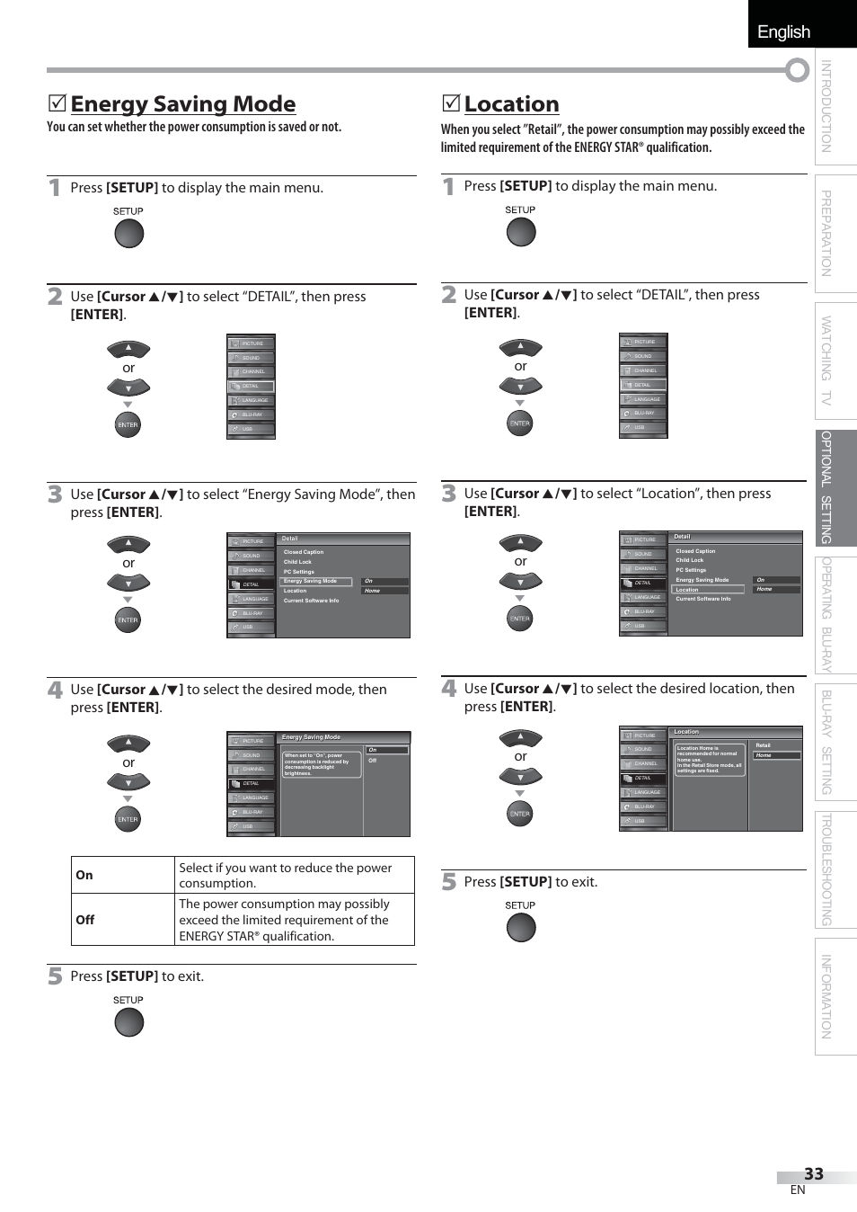 English español français, Energy saving mode, Location | Press [setup] to display the main menu, Press [setup] to exit | Sylvania LD427SSX User Manual | Page 33 / 176