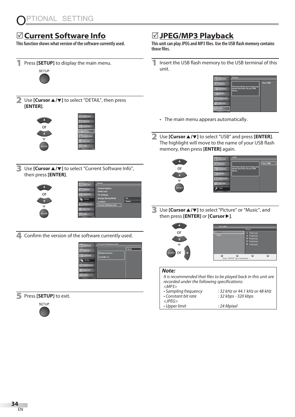 Ptional setting, Current software info, Jpeg/mp3 playback | Press [setup] to display the main menu, Confirm the version of the software currently used, Press [setup] to exit, The main menu appears automatically | Sylvania LD427SSX User Manual | Page 34 / 176