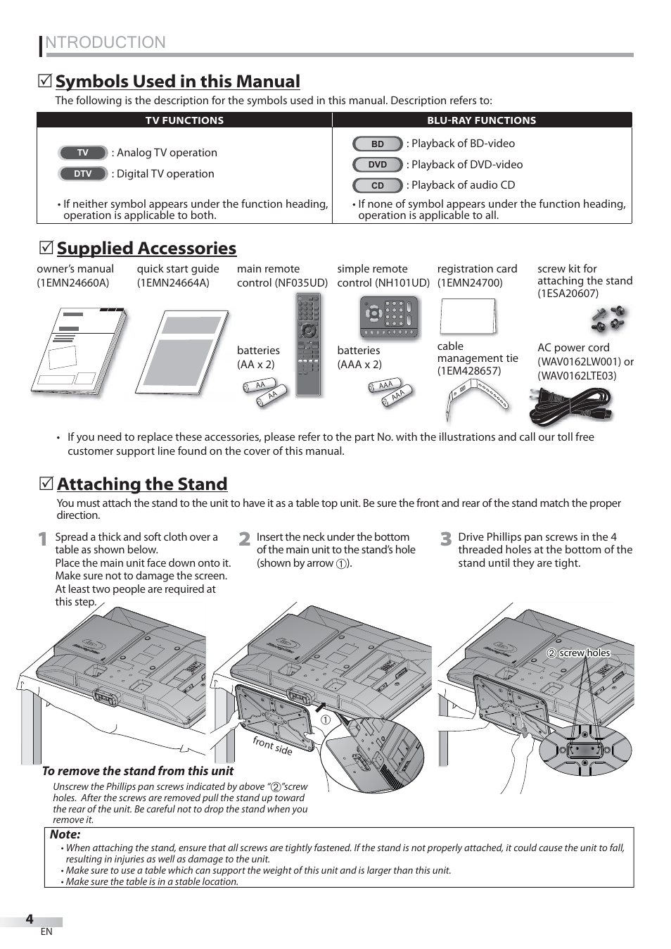 Ntroduction, Supplied accessories  attaching the stand, Symbols used in this manual | Sylvania LD427SSX User Manual | Page 4 / 176