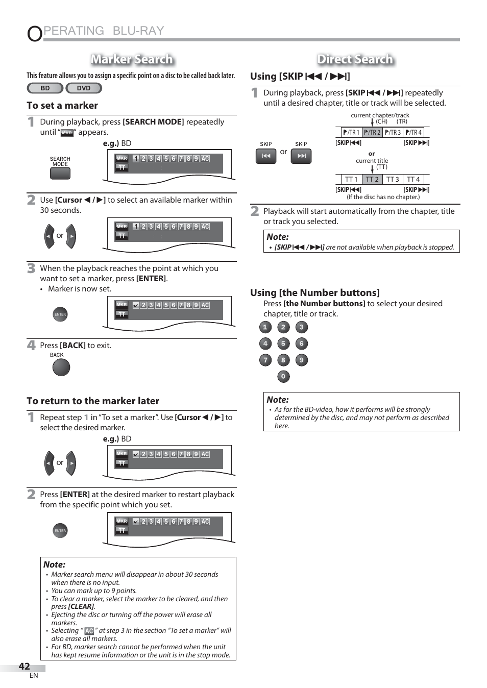 Perating blu-ray, Marker search, Direct search | Using [skip h / g, Using [the number buttons | Sylvania LD427SSX User Manual | Page 42 / 176