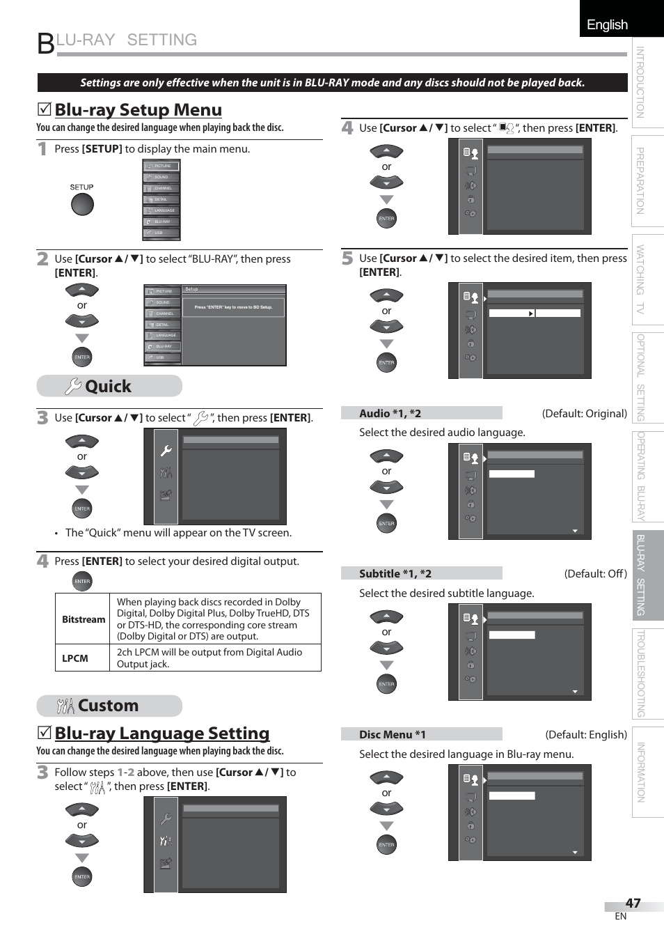 Lu-ray setting, English español français, Blu-ray setup menu | Quick, Custom  blu-ray language setting | Sylvania LD427SSX User Manual | Page 47 / 176