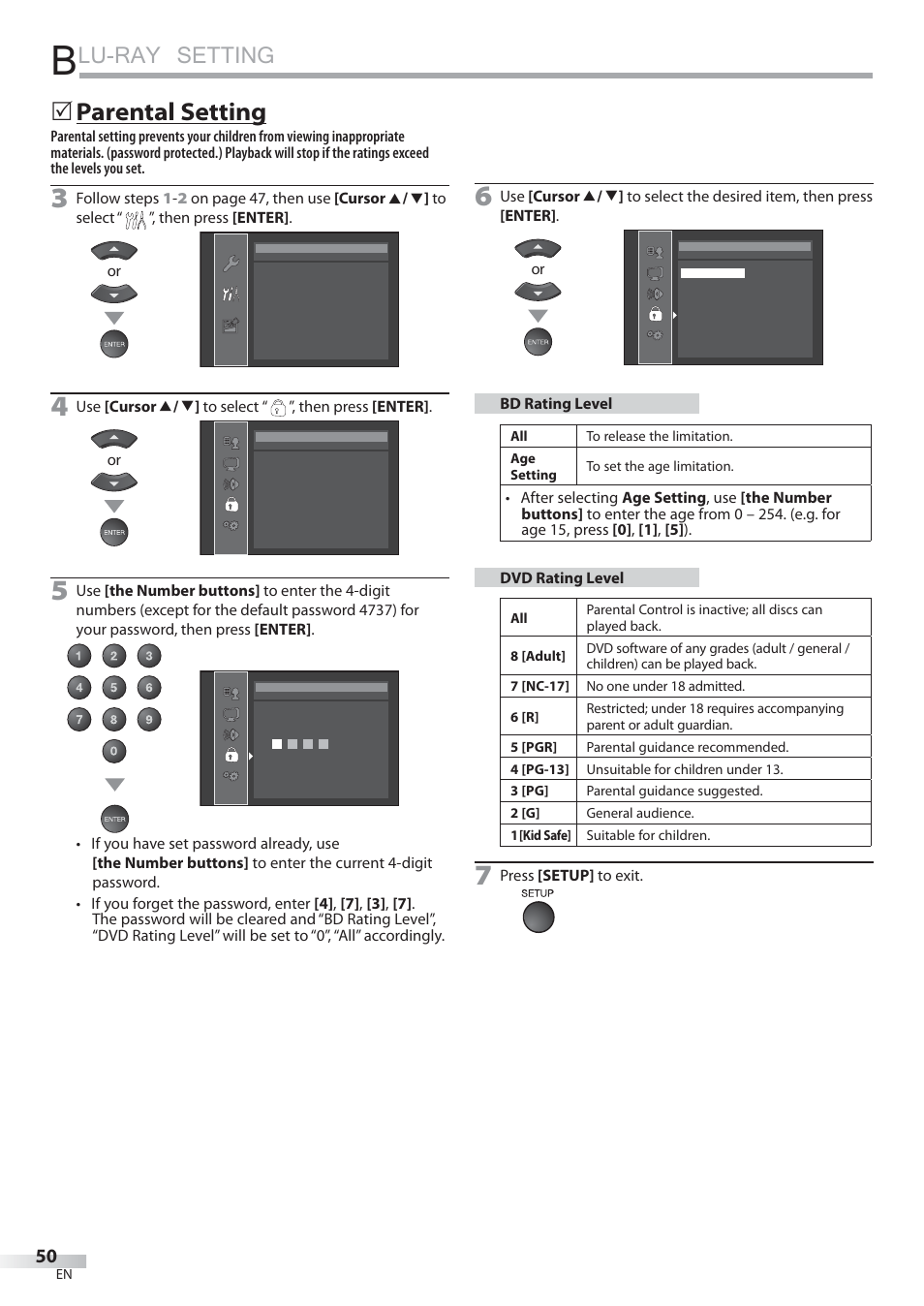 Lu-ray setting, Parental setting | Sylvania LD427SSX User Manual | Page 50 / 176