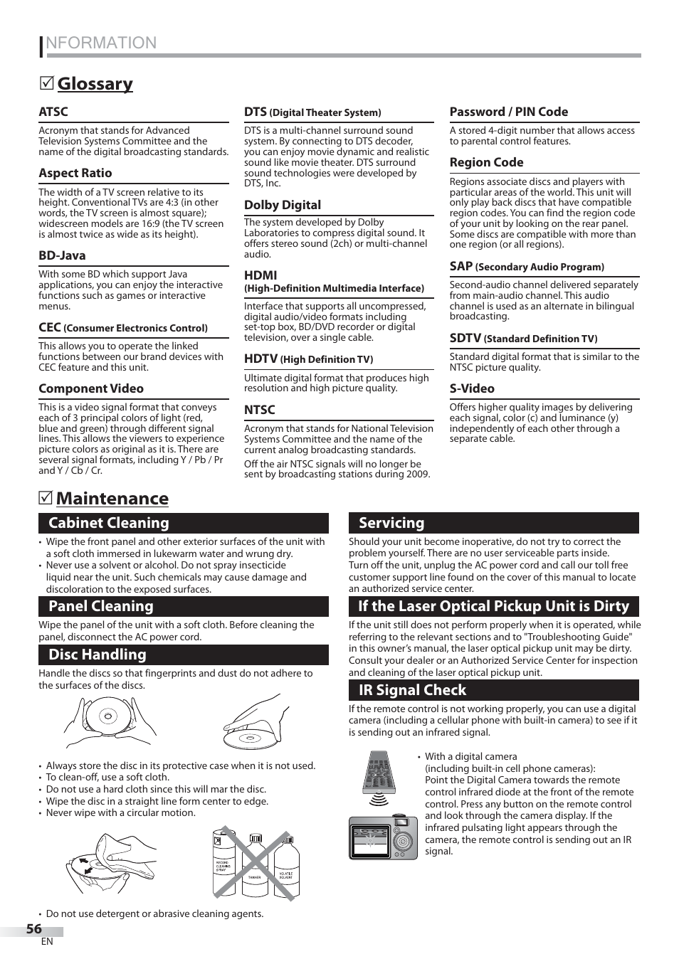 Nformation, Glossary, Maintenance | Cabinet cleaning, Panel cleaning, Disc handling, Servicing, If the laser optical pickup unit is dirty, Ir signal check | Sylvania LD427SSX User Manual | Page 56 / 176