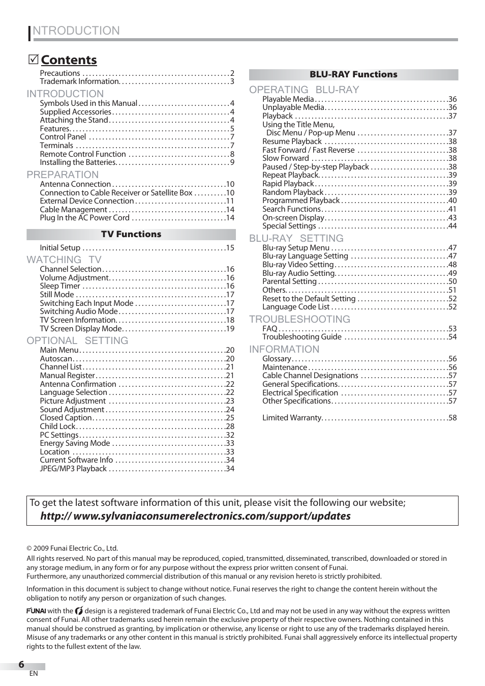 Ntroduction, Introduction, Preparation | Watching tv, Optional setting, Operating blu-ray, Blu-ray setting, Troubleshooting, Information | Sylvania LD427SSX User Manual | Page 6 / 176